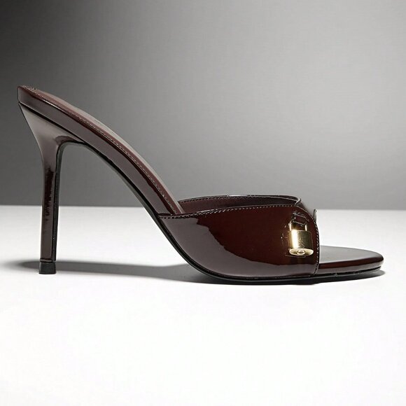 Chocolate Brown Elegant Women's Slip-On Heeled Sandals With Lock Decor - Picture 5 of 6